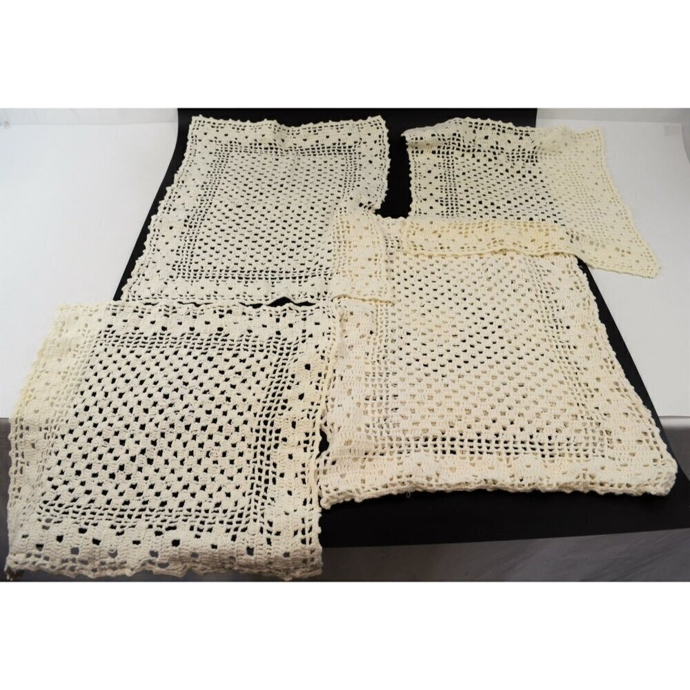 Hand Crocheted Doilies Napkins Pillow Case Lot of 4 Off White Vtg Square Linens